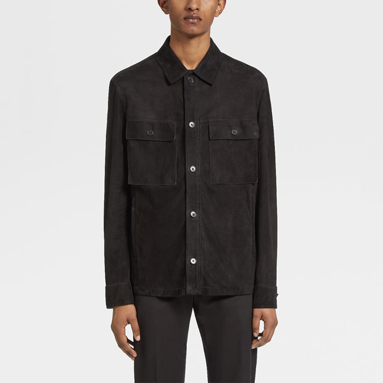 Shop Zegna 秋冬22 黑色真皮翻領襯衫外套 UAPSG-A260-001