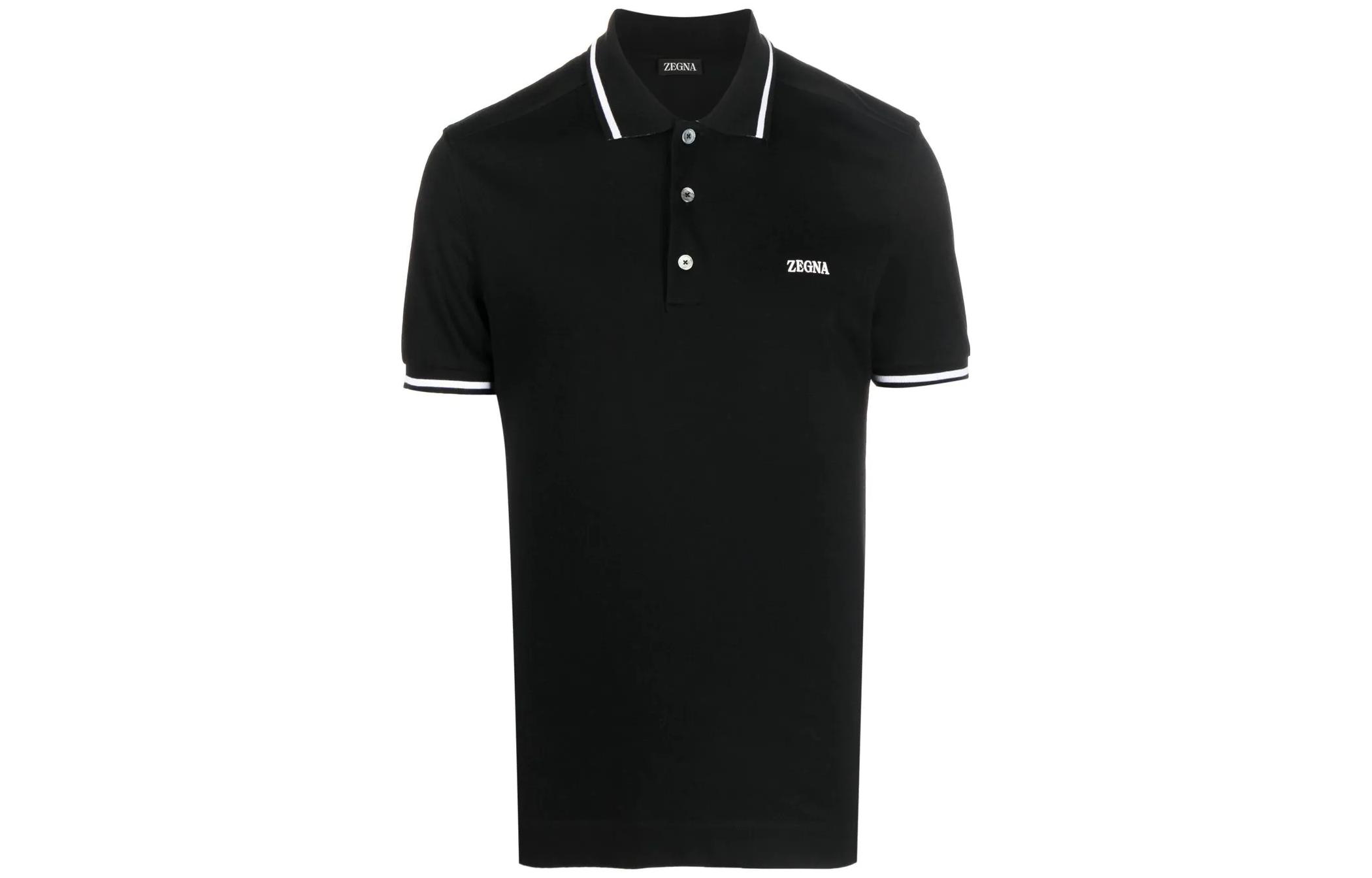 Zegna FW22  Black Short-Sleeve Polo Shirt with Logo Print and Striped Trim. UA358A746K09