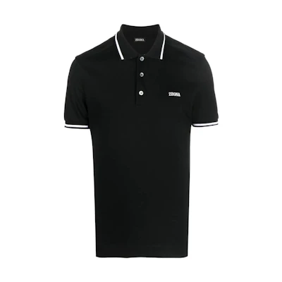 Zegna FW22 Black Short-Sleeve Polo Shirt with Logo Print and Striped Trim. UA358A746K09