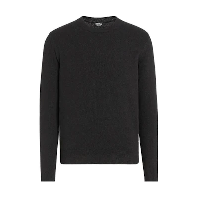 Zegna FW22 Black Solid Color Crewneck Pullover Sweater. E8K10110K09
