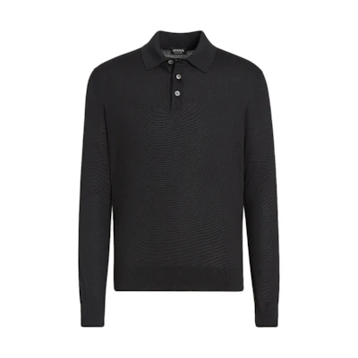 Zegna FW22 Black Solid Long Sleeve Ribbed Polo Shirt with Buttons E8J00132-K09