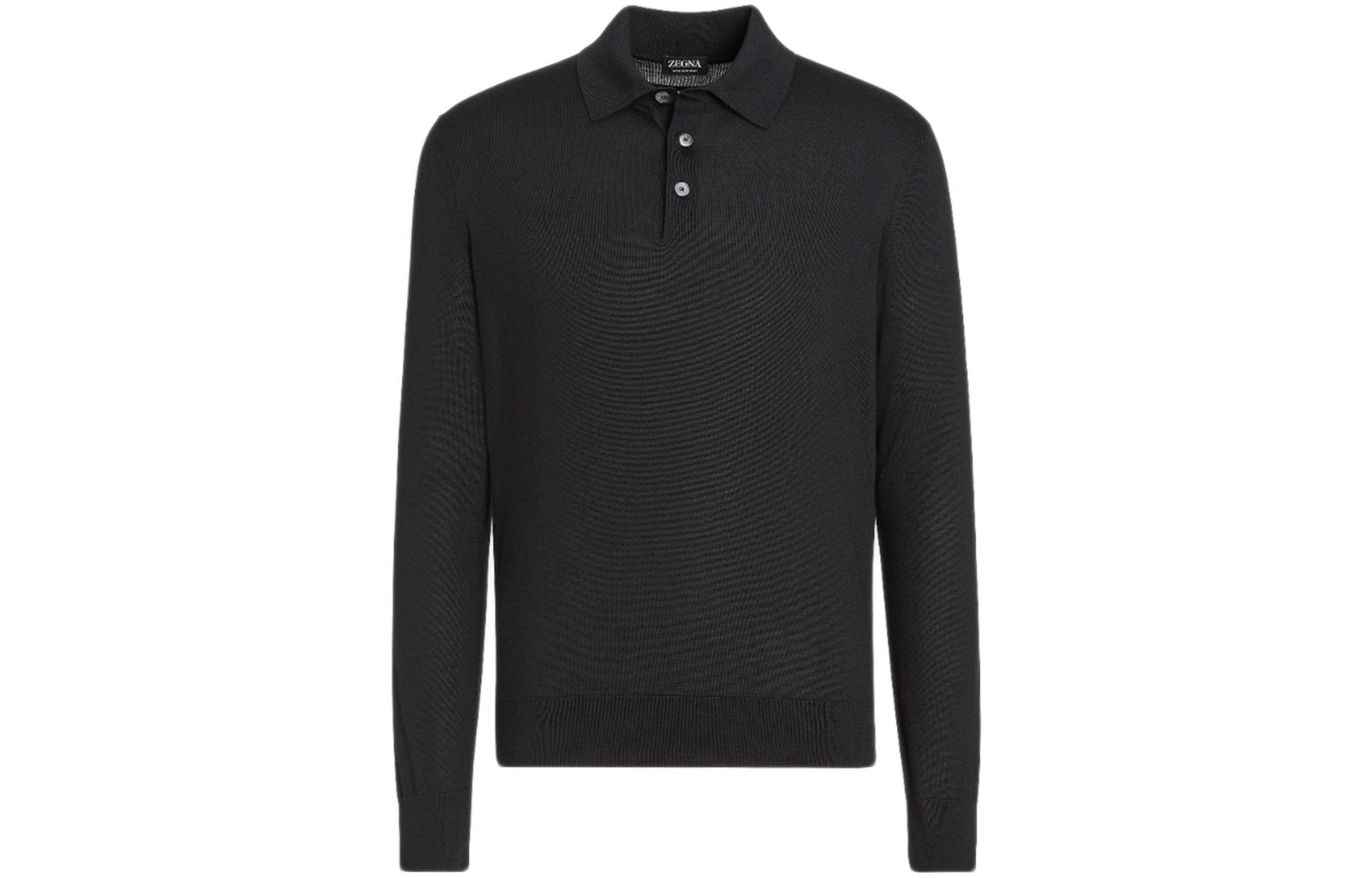 Zegna FW22  Black Solid Long Sleeve Ribbed Polo Shirt with Buttons E8J00132-K09 圖 2