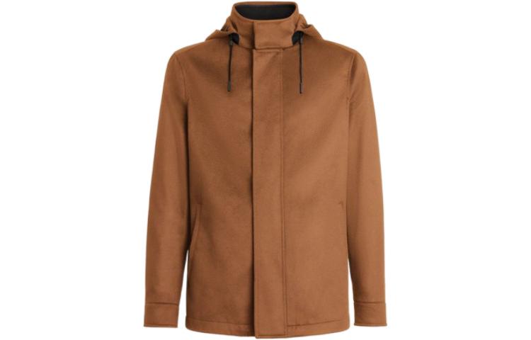 Order Zegna FW22 Jaket Bertopi Coklat Solid dengan Tali Serut. UAT427-210155