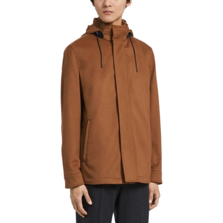 Shop Zegna FW22 Jaket Bertopi Coklat Solid dengan Tali Serut. UAT427-210155