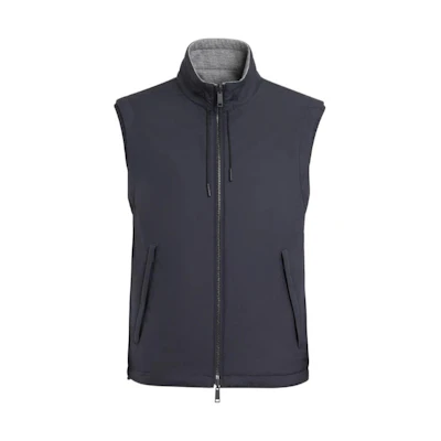 Zegna FW22 Gray Reversible Vest with Zipper, Drawstring, and Pockets. E7T33-7110B-534