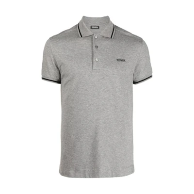 Zegna FW22 Grey Straight-Cut Polo Shirt with Embroidered Logo. UA358A746-K95