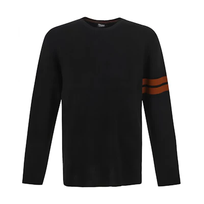 Zegna FW22 Obsidian Black Wool Crewneck Sweater with Striped Trim. E8M91110-K09
