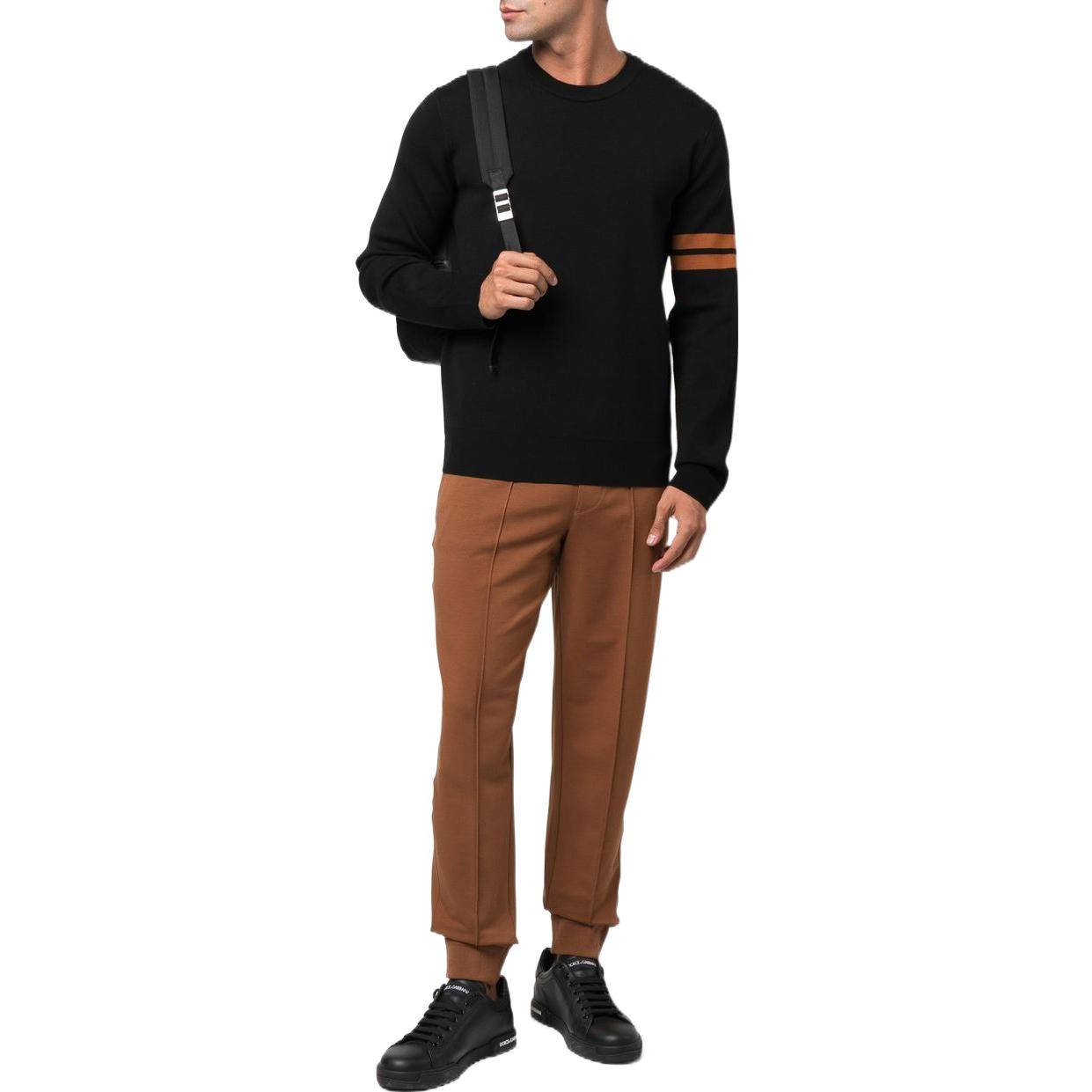 Shop Zegna FW22 黑曜石黑色羊毛條紋裝飾圓領毛衣。 E8M91110-K09