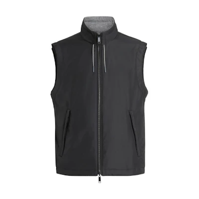 Zegna FW22 Reversible Black Vest with Zipper, Drawstring, and Pockets. E7T33-7110B-001