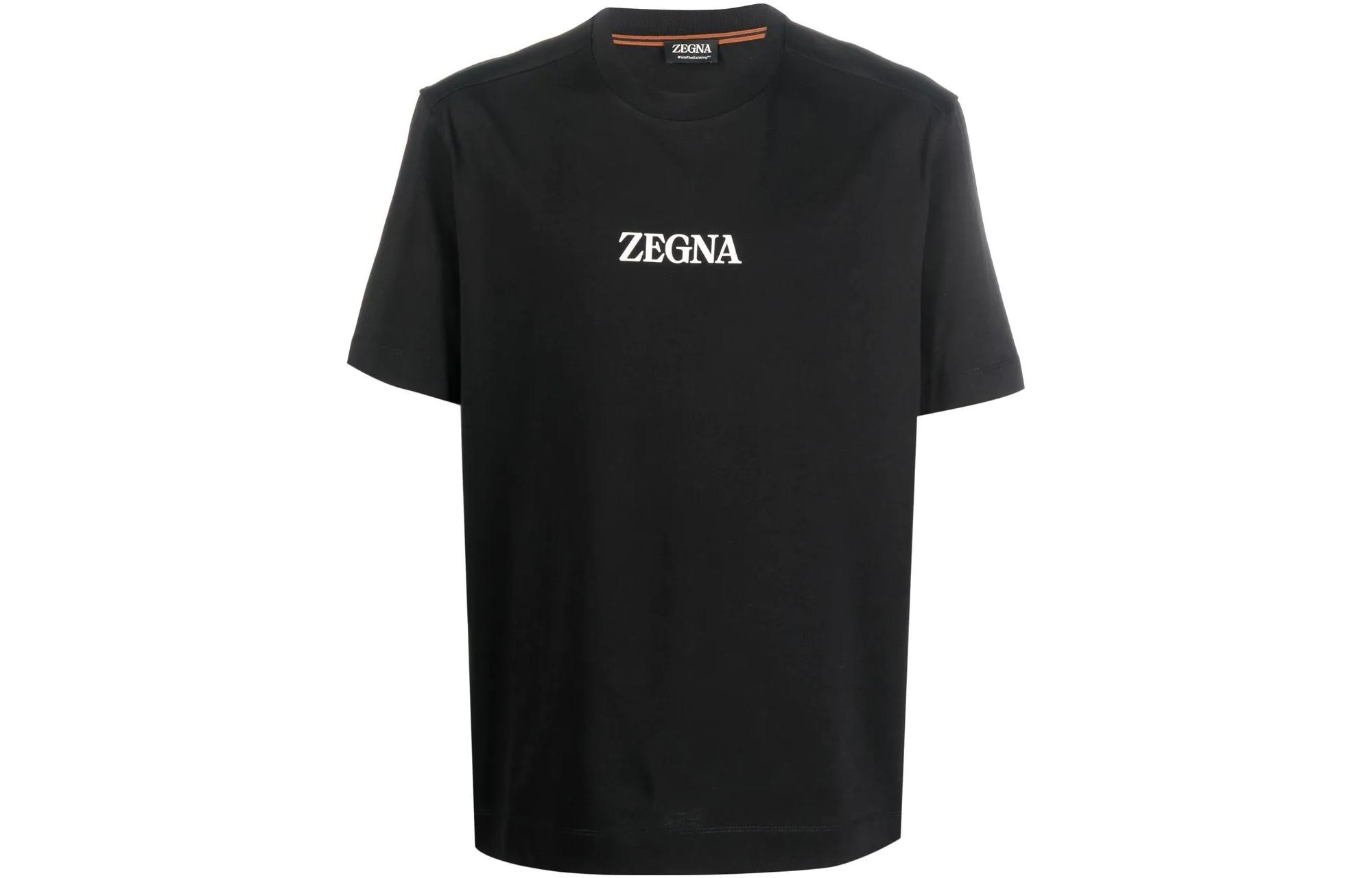 Zegna FW22 Black Crewneck T-Shirt with Logo Print for Men. E7364-A777-K09