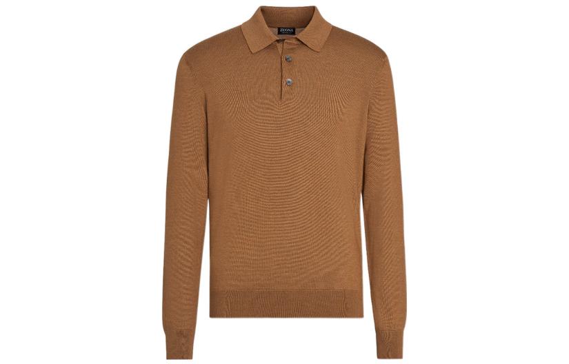 Zegna FW22 Classic Long Sleeve Polo Shirt Men’s Camel Brown. E8J00-132-N95