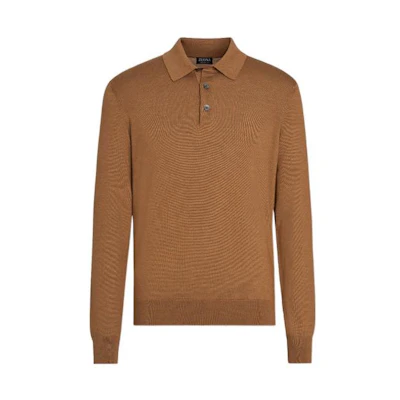 Zegna FW22 Classic Long Sleeve Polo Shirt Men’s Camel Brown. E8J00-132-N95