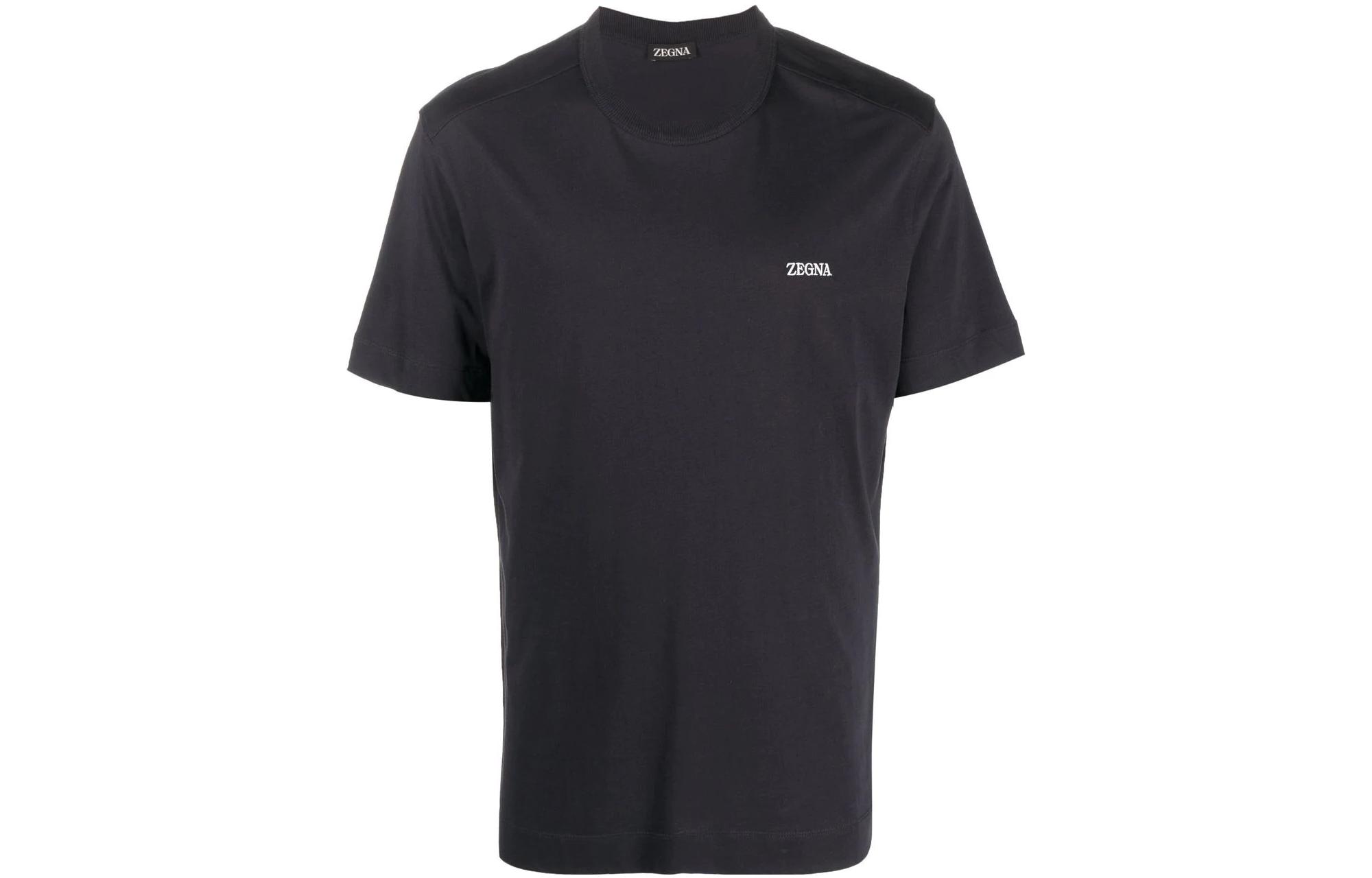 Zegna FW22 Logo Embroidered Crewneck Short Sleeve T-Shirt Blue (). UA360A760-B09