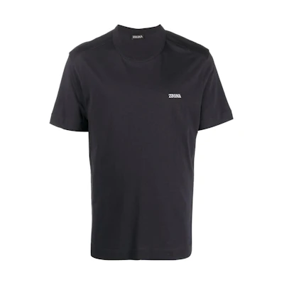 Zegna FW22 Logo Embroidered Crewneck Short Sleeve T-Shirt Blue (). UA360A760-B09