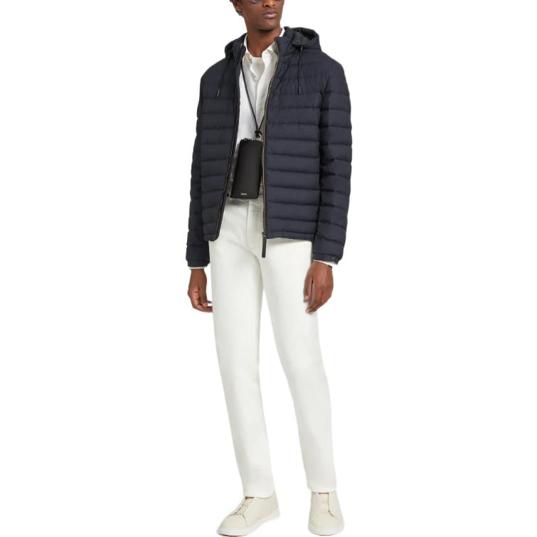 Lookbook Zegna FW22 Jaket Lelaki Biru Navy Quilted Zip-Up Hooded Down. E7T25-7209B-531