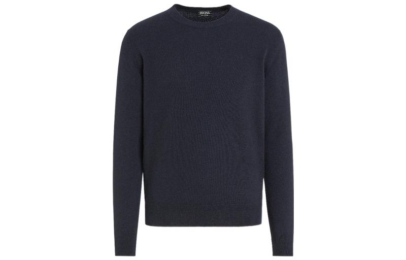 Zegna FW22 Navy Blue Solid Crewneck Pullover Knit Sweater for Men. E8K10-110-B98