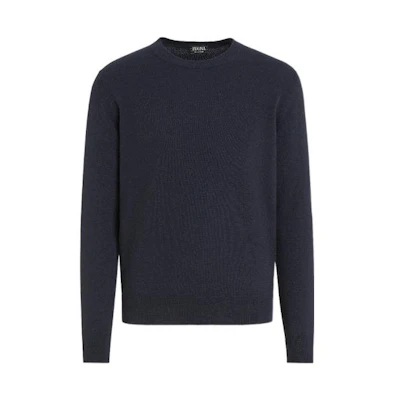 Zegna FW22 Navy Blue Solid Crewneck Pullover Knit Sweater for Men. E8K10-110-B98