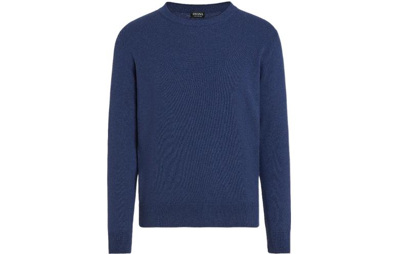 Zegna FW22 Oasi Cashmere Blue Crewneck Long Sleeve Sweater for Men. UAK10-110-B96