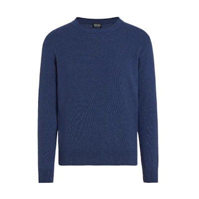 Zegna FW22 Oasi Cashmere Blue Crewneck Long Sleeve Sweater for Men. UAK10-110-B96