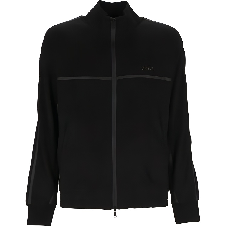 Zegna FW22 Slim Fit Zip-Up Sweatshirt with Contrast Details for Men - Black. UA503ACT849K09