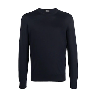 Zegna FW22 Solid Blue Round-Neck Pullover Knit Sweater for Men. E8J00110B98