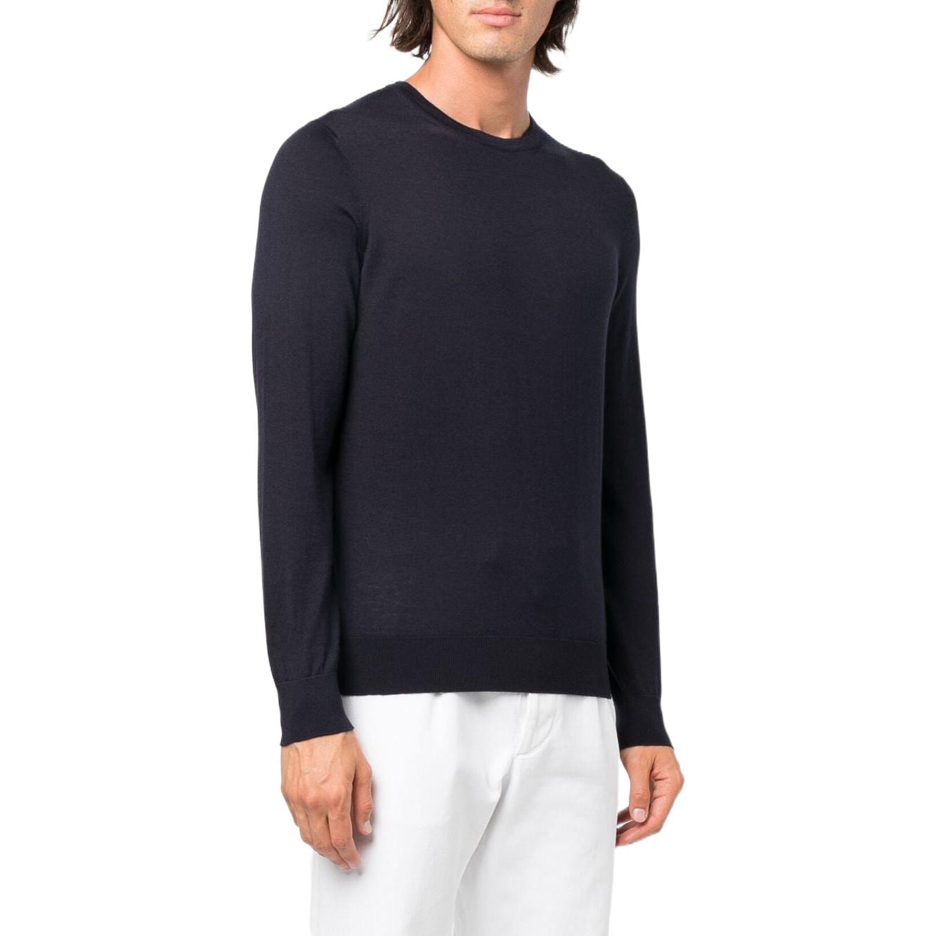 Shop Zegna FW22 Baju Sejuk Lelaki Biru Solid Leher Bulat Knit. E8J00110B98