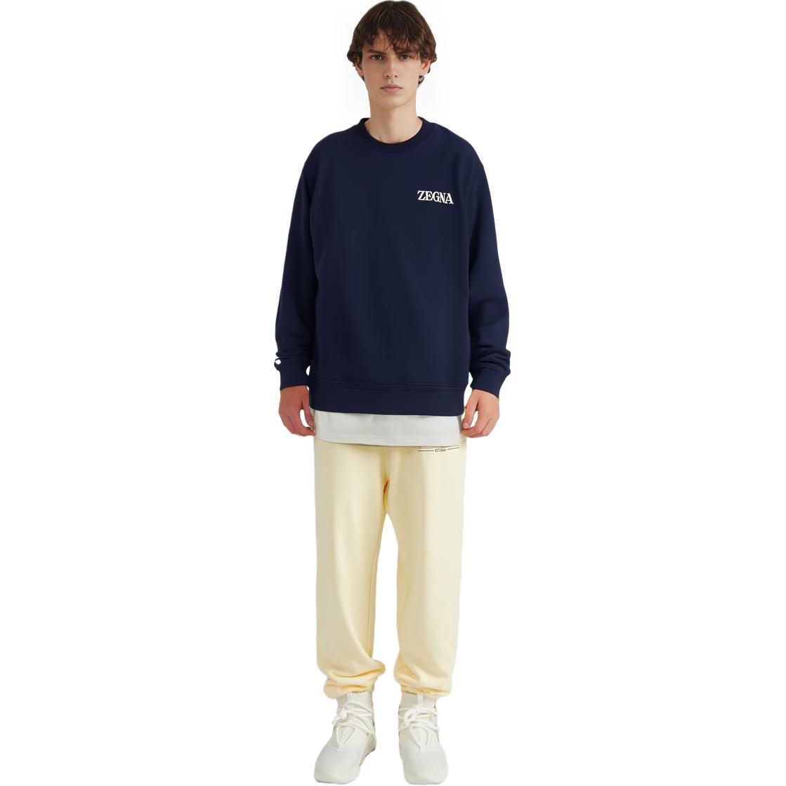 Sizing Zegna FW22 標誌印花休閒套頭衫 男士海軍藍長袖 上衣潮流款式 UA522ACT872-B09