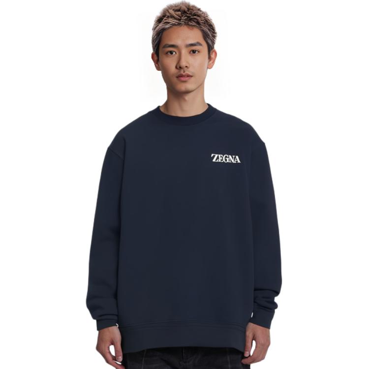 Cheap Zegna FW22 標誌印花休閒套頭衫 男士海軍藍長袖 上衣潮流款式 UA522ACT872-B09