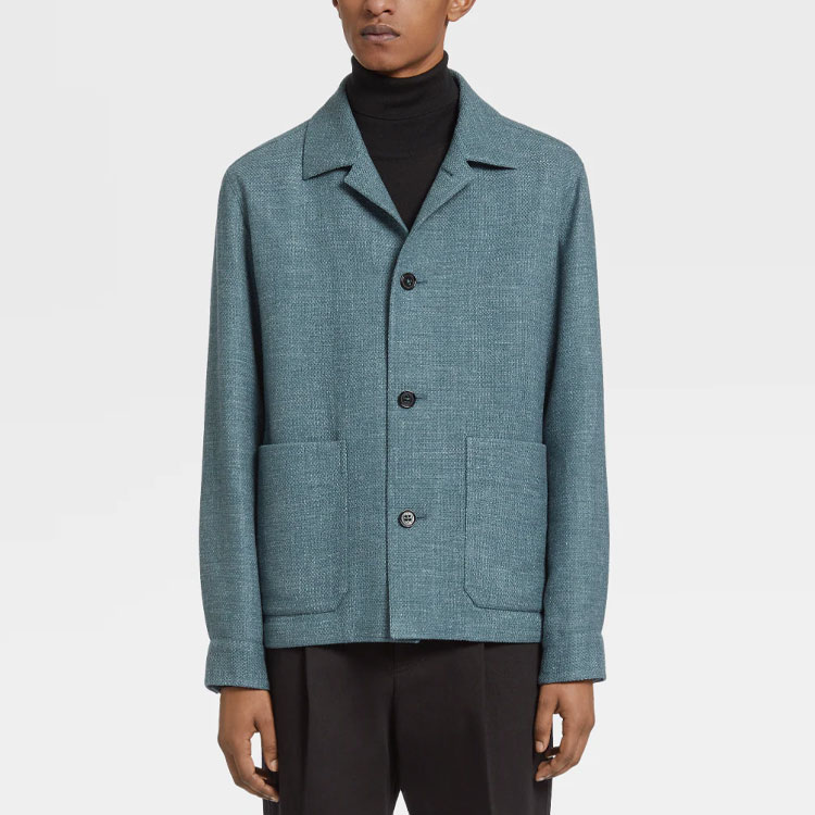 Shop ゼニア メンズ FW22 テクスチャード ポケット付きボタンアップジャケット 450502-1DHAQ0