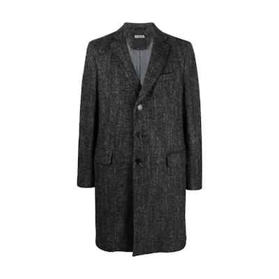 Zegna FW23 Mid-Length Notched Lapel Single-Breasted Blazer in Charcoal. 68973-5A64GJ-3G0