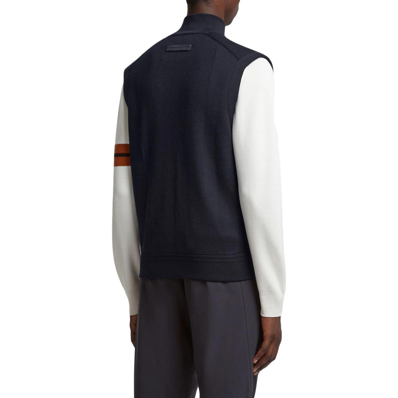 Shop ゼニア FW23 ネイビーブルー ソリッドパッチワーク ハイネック カジュアルベスト UCM99-A6CCT-132