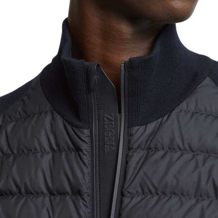 Sizing ゼニア FW23 ネイビーブルー ソリッドパッチワーク ハイネック カジュアルベスト UCM99-A6CCT-132