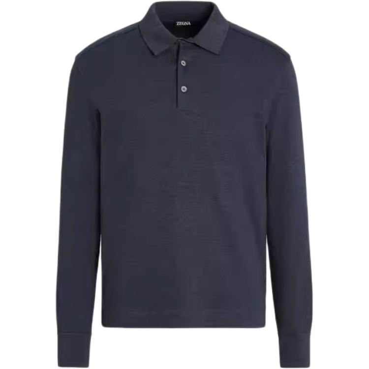 Zegna FW23  Solid Navy Blue Straight-Cut Long-Sleeve Polo Shirt. UC394A6-C739-B09