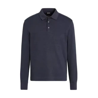 Zegna FW23 Solid Navy Blue Straight-Cut Long-Sleeve Polo Shirt. UC394A6-C739-B09