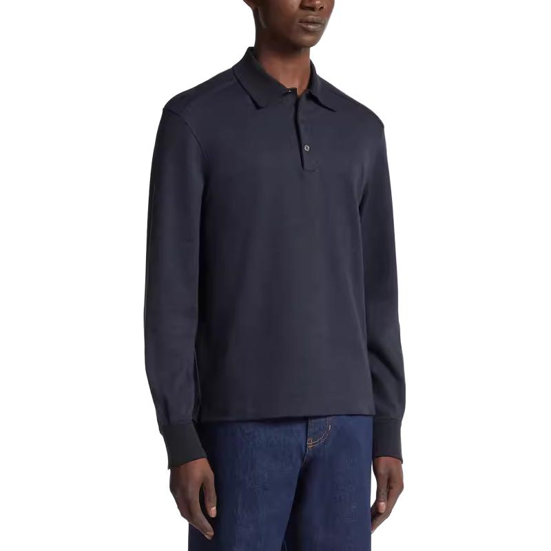 Zegna FW23  Solid Navy Blue Straight-Cut Long-Sleeve Polo Shirt. UC394A6-C739-B09 圖 3