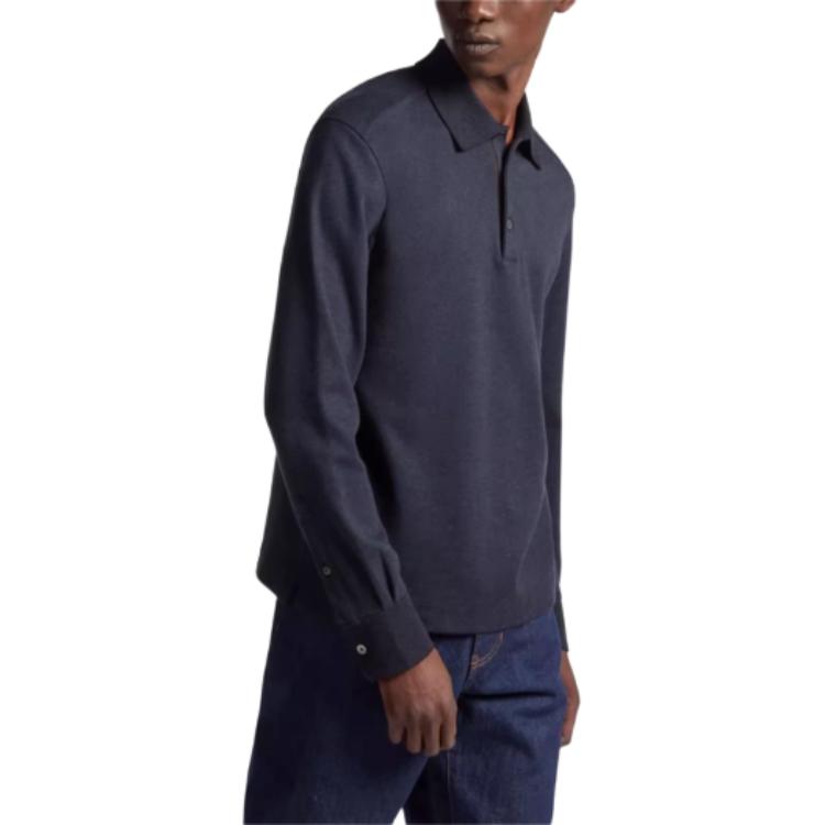 Zegna FW23  Solid Navy Blue Straight-Cut Long-Sleeve Polo Shirt. UC394A6-C739-B09 圖 5