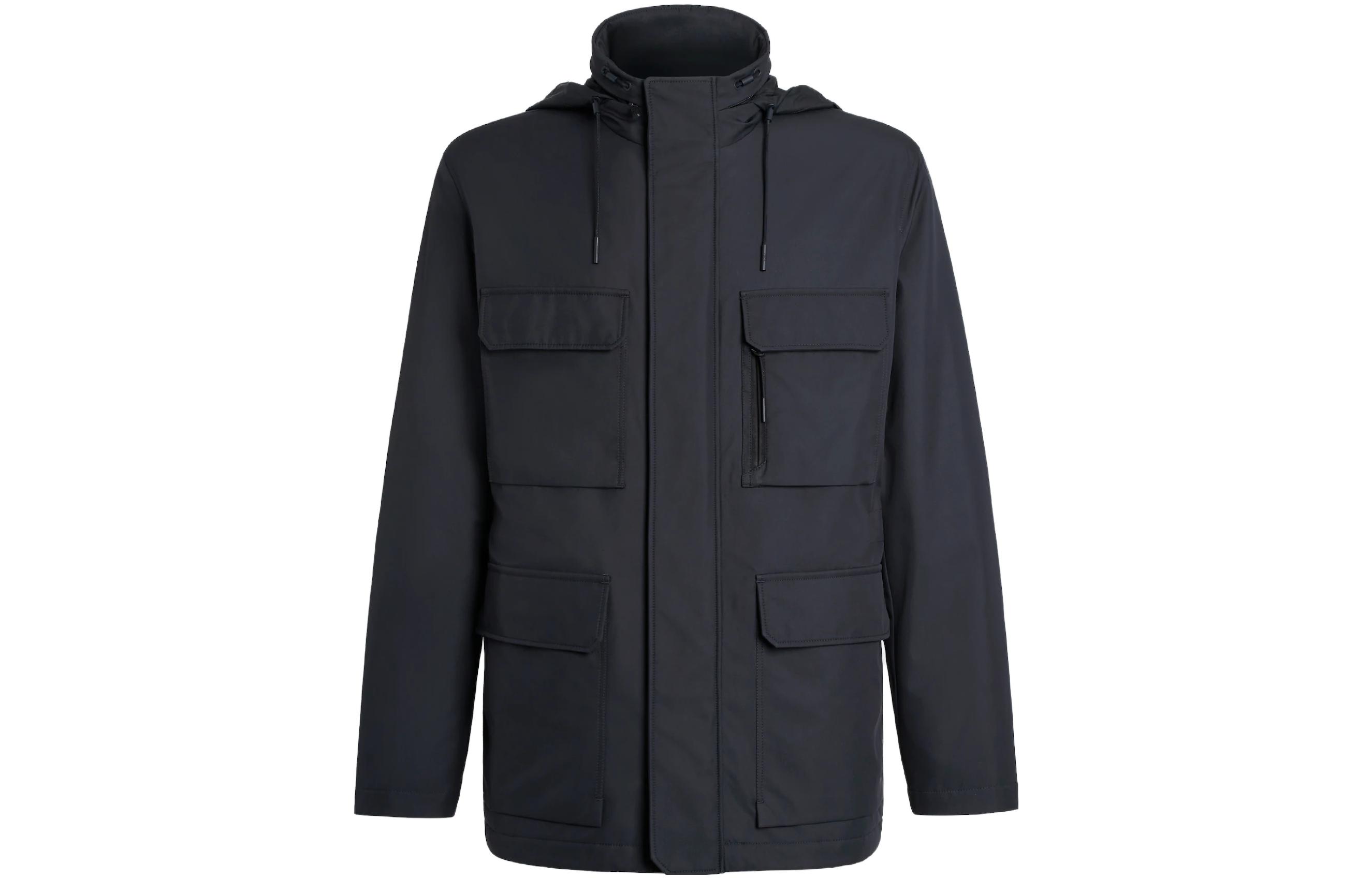 Zegna FW23 Solid Zip-Up Stand Collar Workwear Jacket Navy Blue (). UCT33A6-C214B-534