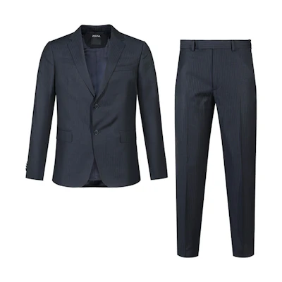 Zegna FW24 Black Navy Pinstripe Single-Breasted Suit with Double Vent. 82272-2A8281-CGA