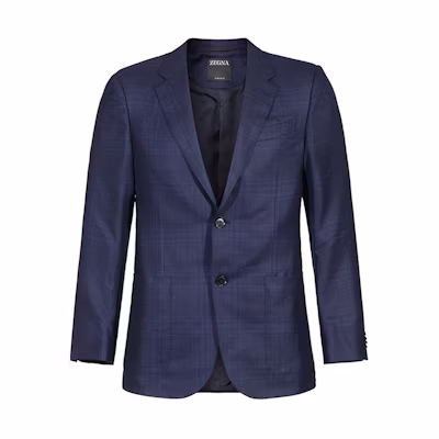 Zegna FW24 Blue Single-Breasted Plaid Long-Sleeve Blazer 84050-0A8122-520