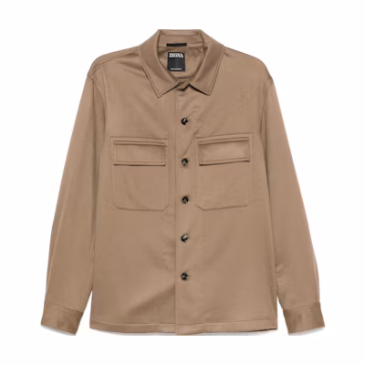 Zegna FW24 Brown Cashmere Long Sleeve Shirt Leather Jacket. UEV46A8