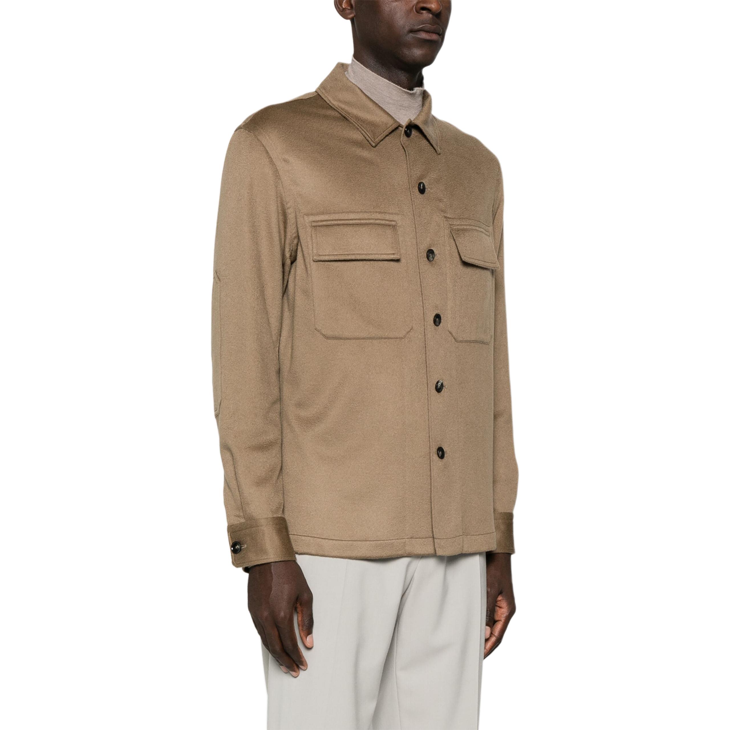 Purchase Zegna FW24 棕色羊絨長袖襯衫皮革夾克 UEV46A8