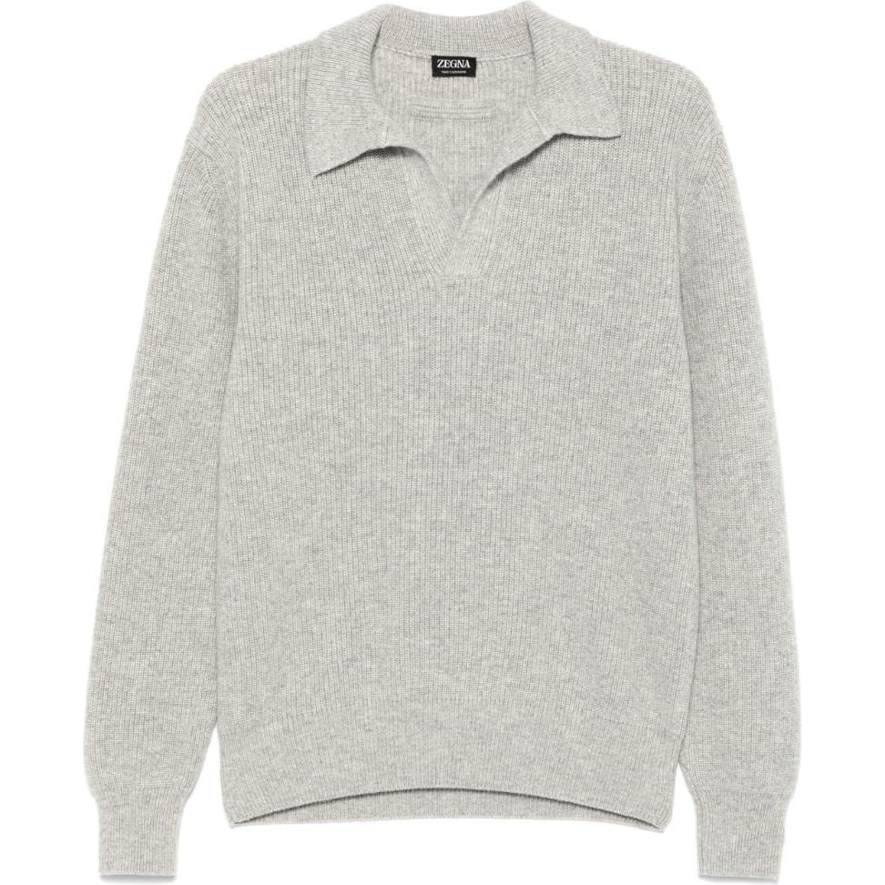 Zegna FW24  Loose-Fit Cashmere Long-Sleeve Polo Sweater Light Grey UEK86-A8131-K91