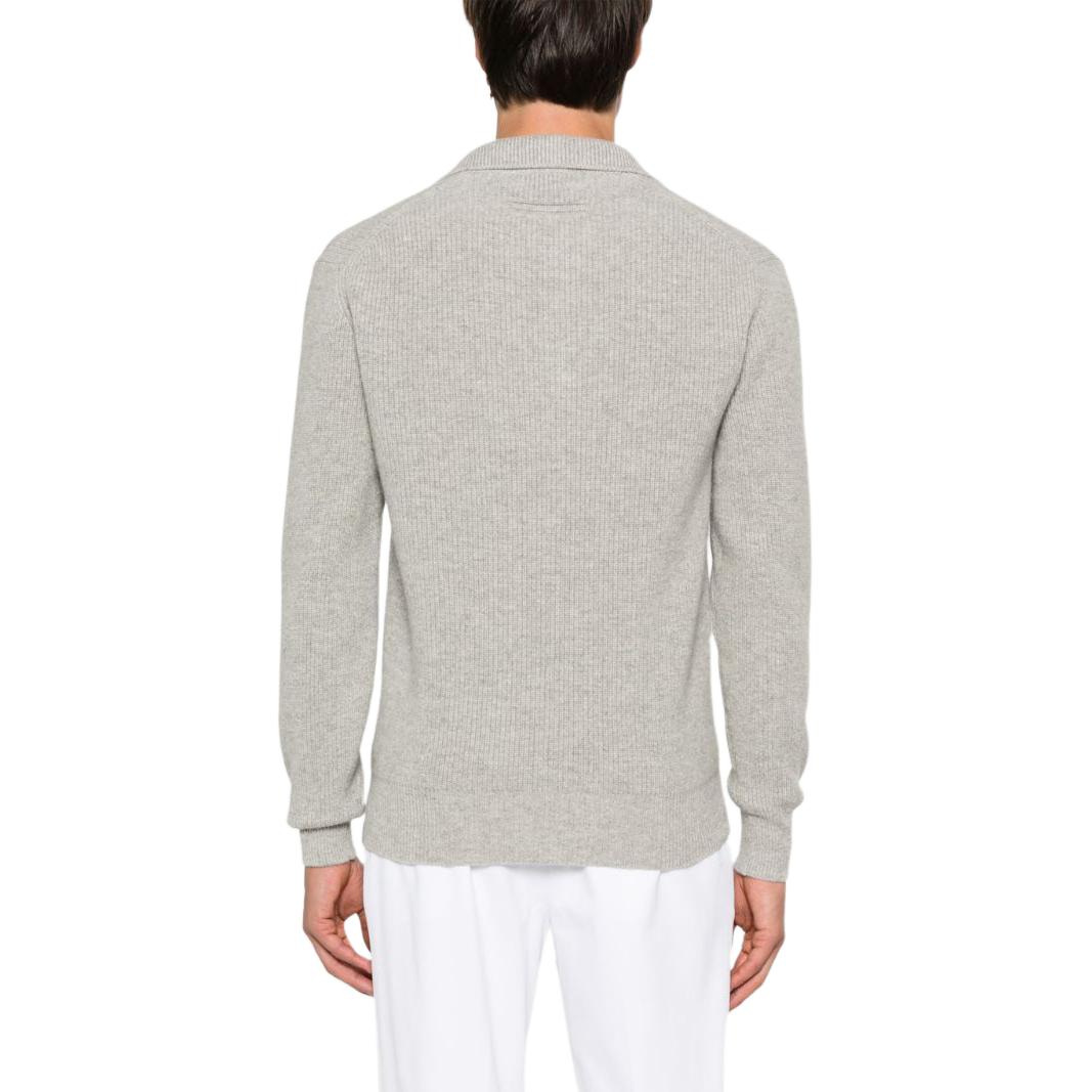 Shop Zegna FW24 寬鬆版羊絨長袖Polo毛衣 淺灰色 UEK86-A8131-K91