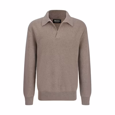 Zegna FW24 Ribbed Knit Cashmere Polo Sweater - Taupe Gray Long Sleeve UEK86-A8131-N92