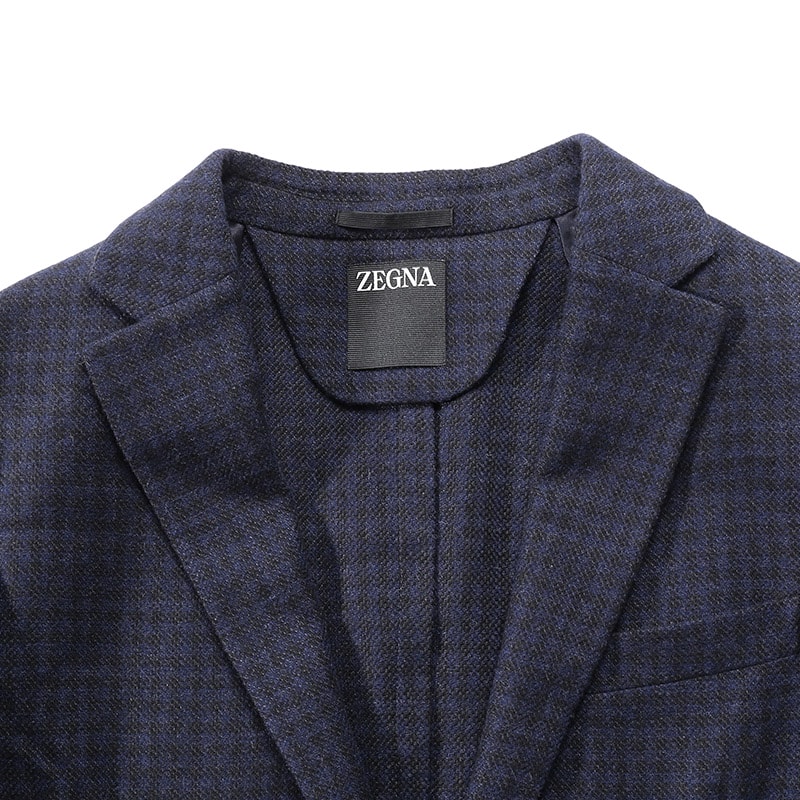 Shop Zegna FW24 深藍單排扣格紋長袖西裝外套 85074-6A81DN-MG0