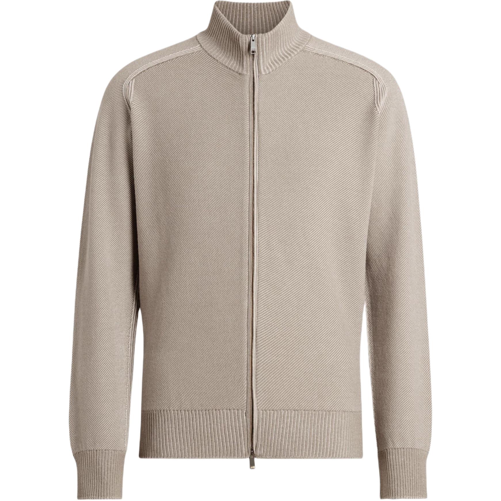 Zegna FW24  Striped Stand Collar Knit Pullover Beige Long Sleeve Sweater. UEJ92-A8157-152