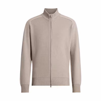 Zegna FW24 Striped Stand Collar Knit Pullover Beige Long Sleeve Sweater. UEJ92-A8157-152