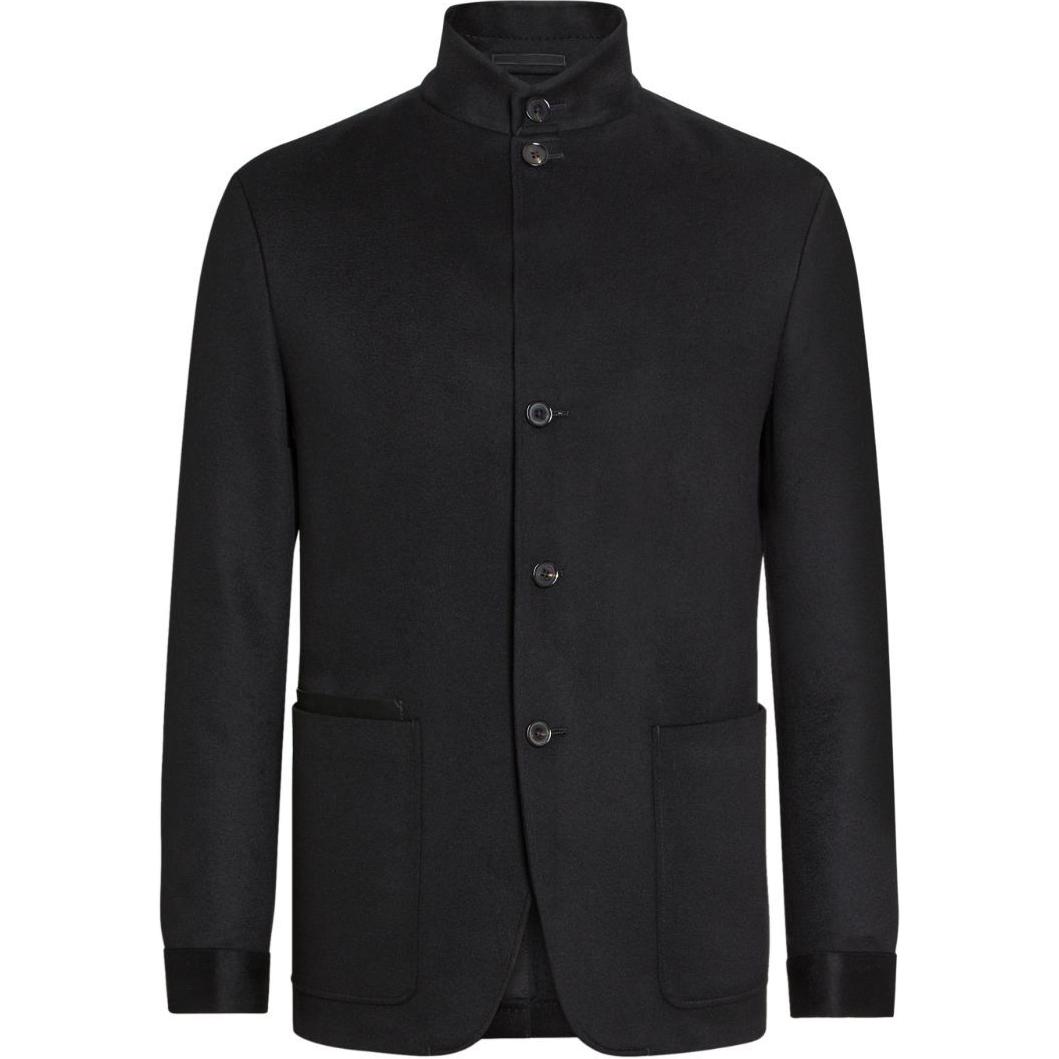 Zegna FW24 Black Fleece-Lined Long-Sleeve Jacket with Stand Collar 869C7-9A81VH-KQ0