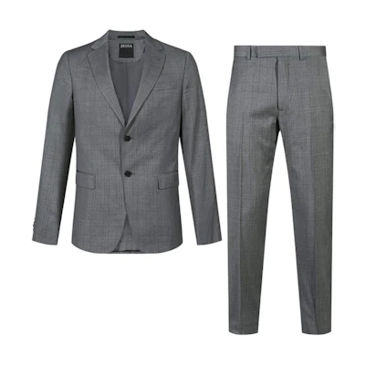 Zegna FW24 Single-Breasted Plaid Double Vent Suit Grey 82272-6A8281-CGA