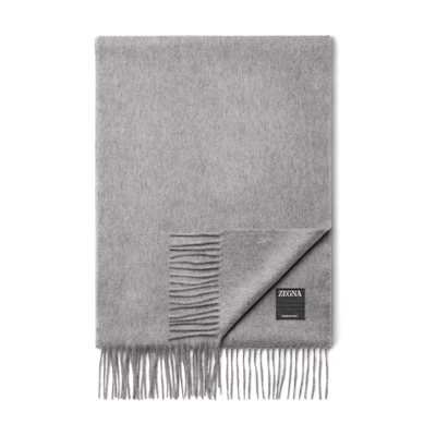 Zegna Logo Embroidered Cashmere Scarf Unisex Couple Style Grey. E8L40S-26N-GR2